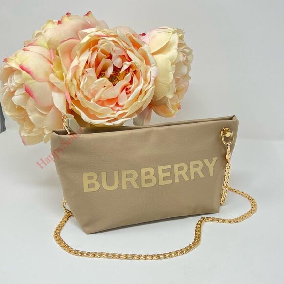 Burberry Pouch Crossbody Purse Cosmetic Organizer Tan Gold Makeup Case Dopp Kit - Picture 5 of 12